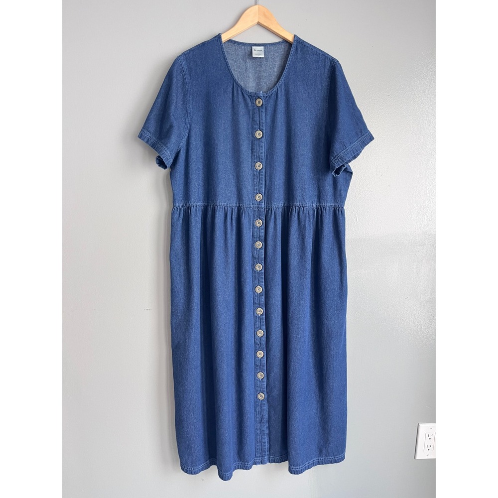 Blair Womens Short Sleeve Midi Dress Denim Blue Cotton Button Front Pockets XL